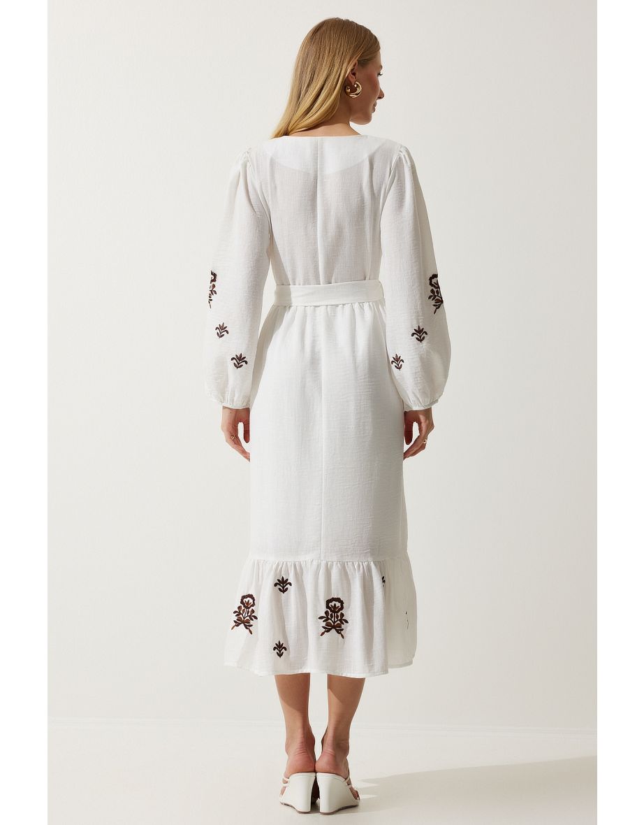 Women's Ecru Embroidered Linen Surface Long Woven Dress - 7