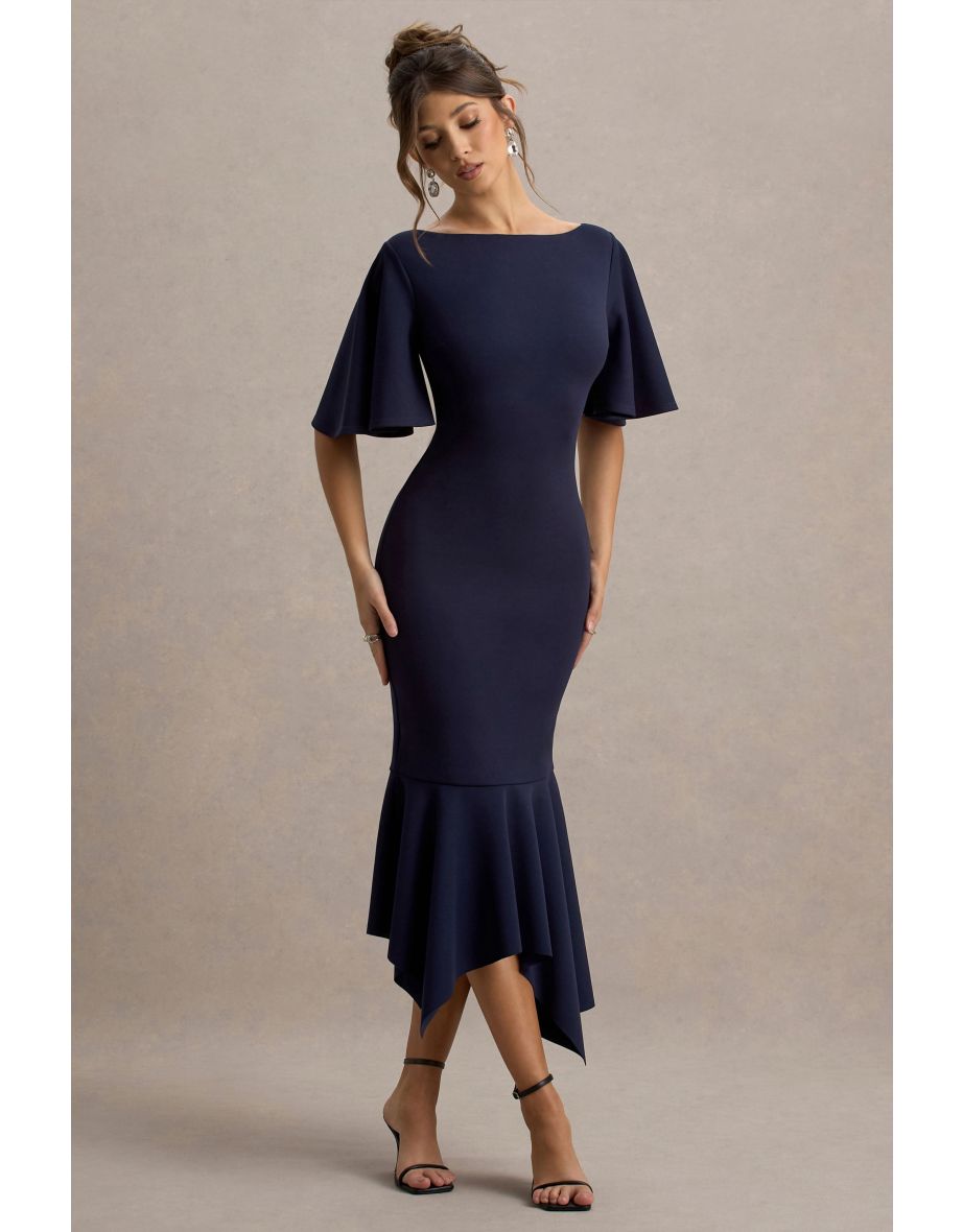 Ashling | Navy Flutter-Sleeve Hanky-Hem Midi Dress