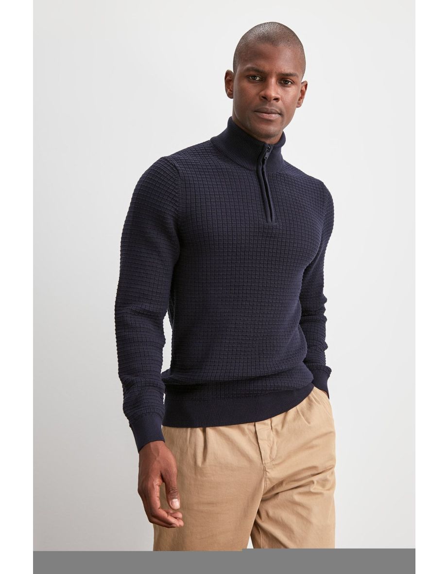 Navy Blue Men's Half Turtleneck Zipper Textured Sweater