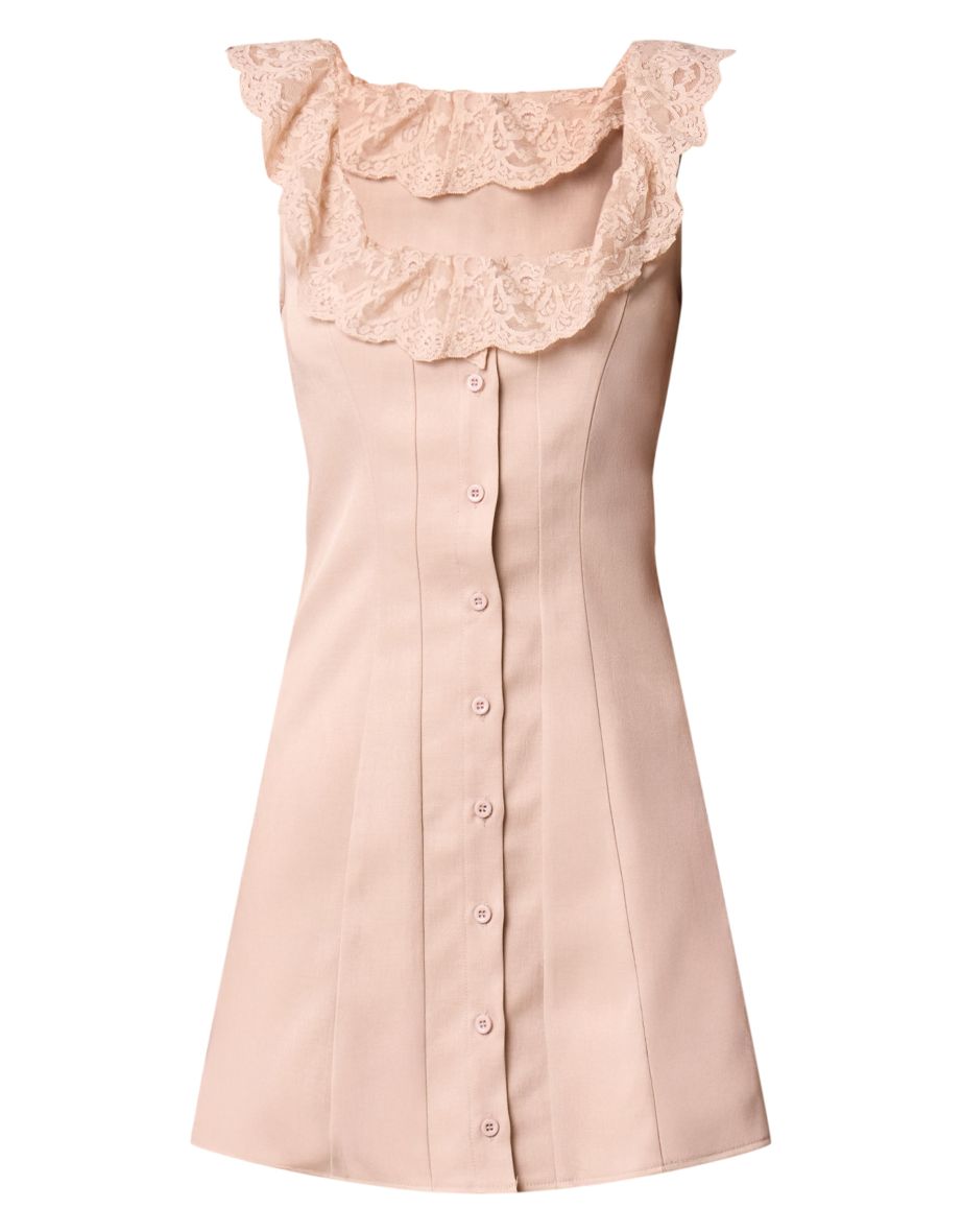 Warm Beige Lace Button Up Trim Corset A-line Dress - 4