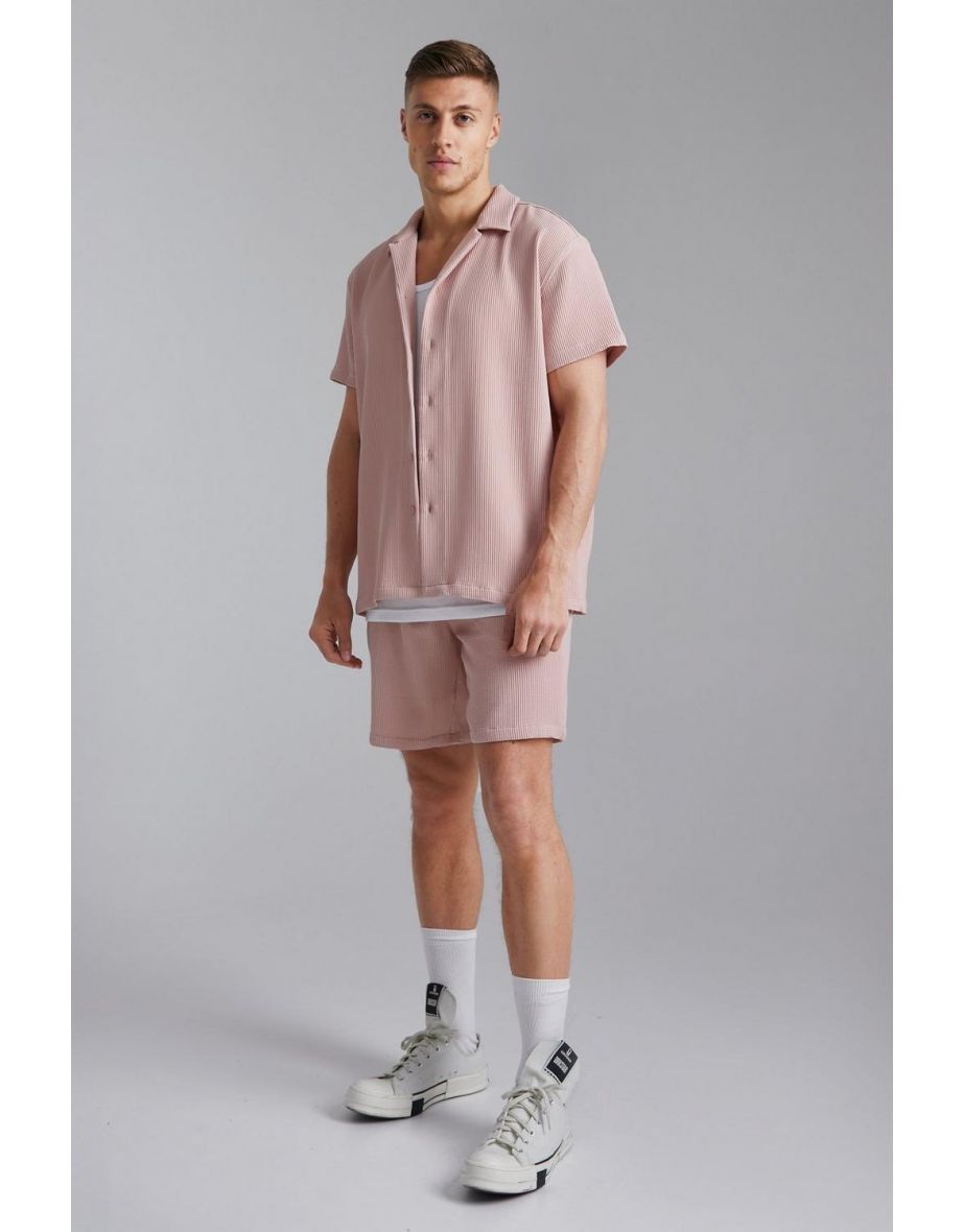 Oversized Short Sleeve Pleated Shirt And Short - light pink