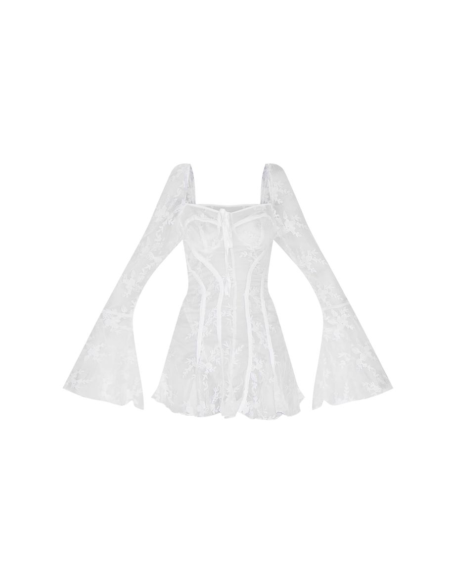 White Lace Flared Sleeve Binding Detail Playsuit - 4