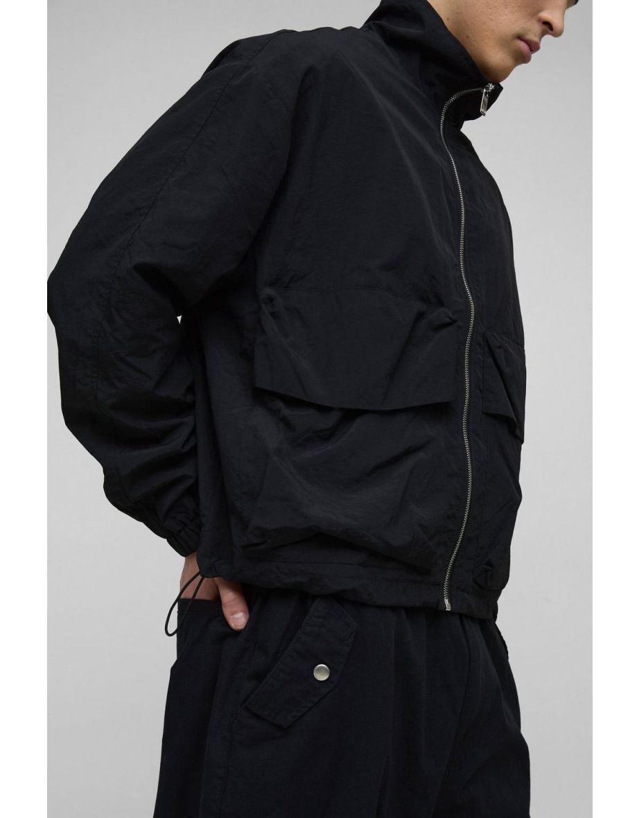 Oversized Boxy Crinkle Nylon Combat Track Jacket - black - 2