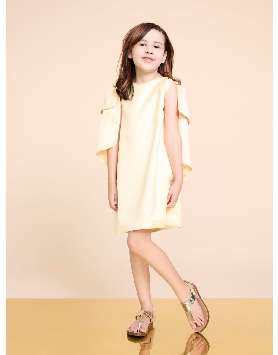 Girls Bow Sleeve Satin Dress in Yellow
