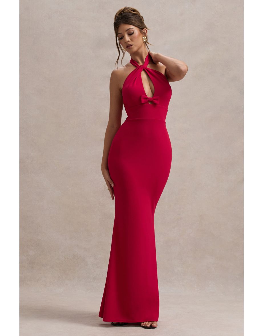 Raelynn | Red Halter-Neck Cut-Out Maxi Dress With Bow - 4