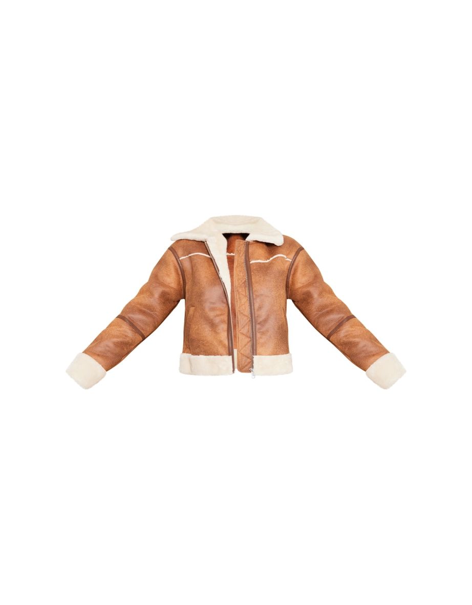 Brown Distressed Faux Suede Faux Fur Lined Cropped Jacket - 4