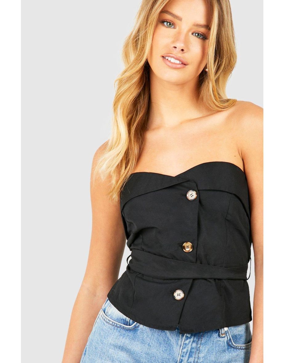 Button Tie Detail Corset Top - black - 3