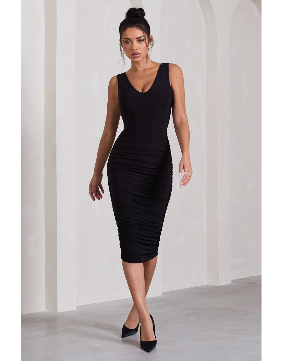 Black bodycon off shoulder dress with plunging neckline online