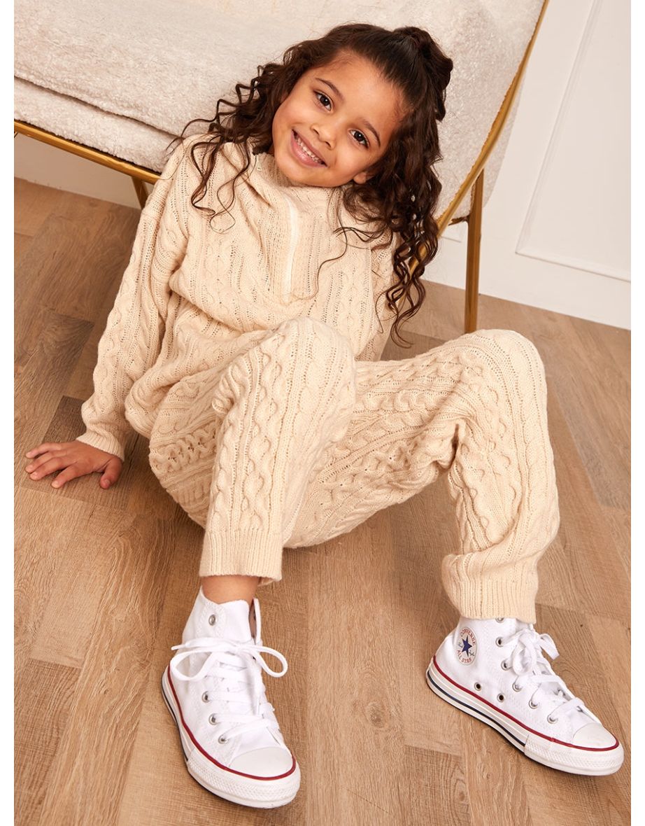 Shop Girls Roll Neck Zip Up Cable Knit Loungewear Set in Cream Online in Bahrain VogaCloset