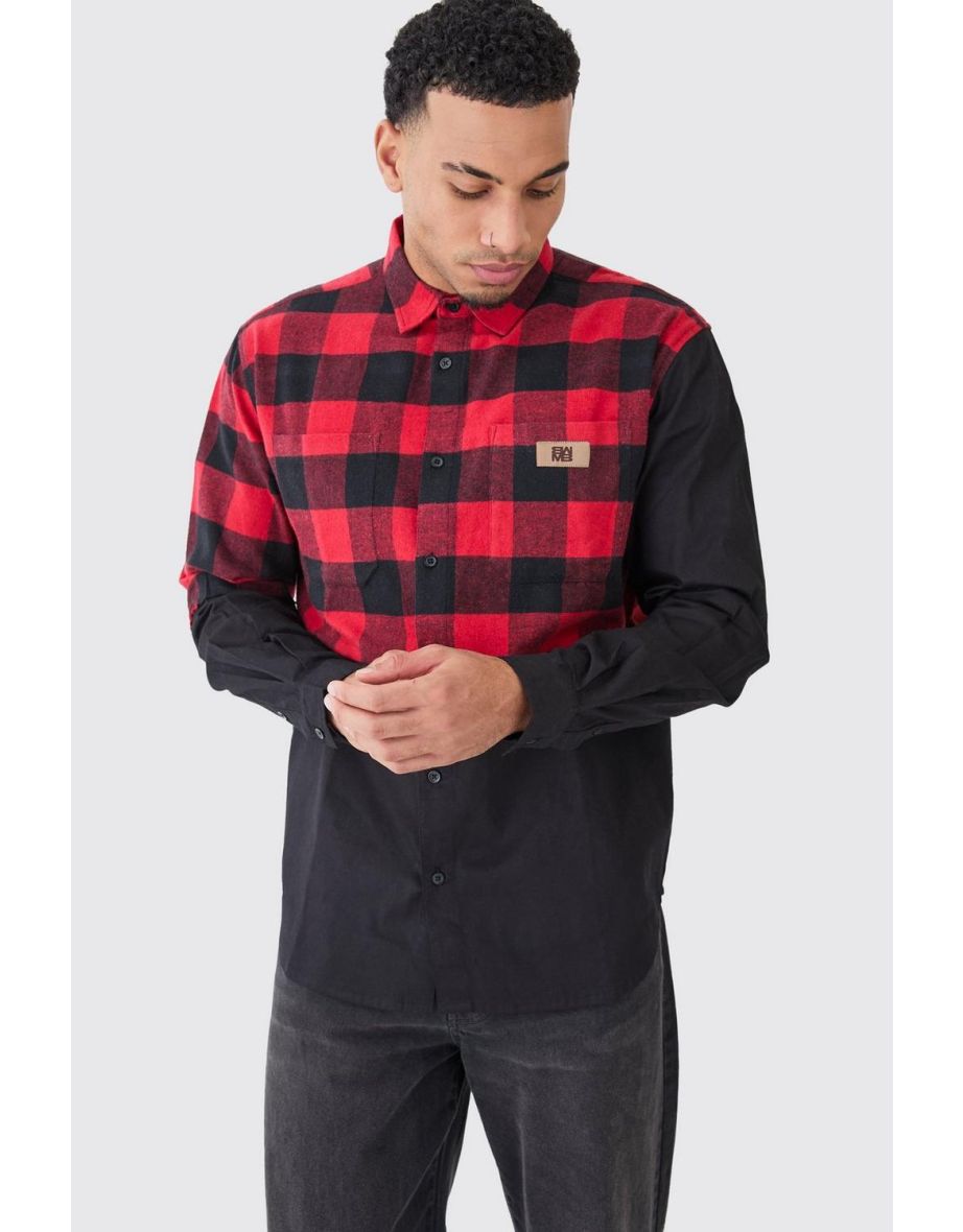 Oversized Twill Spliced Check Overshirt - red