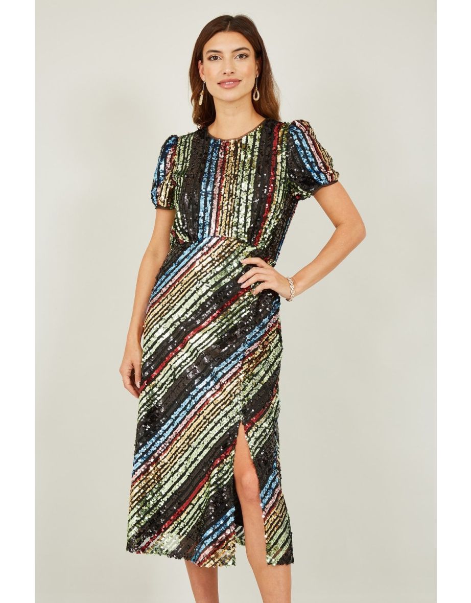 Yumi Multicolour Rainbow Stripe Sequin  Dress