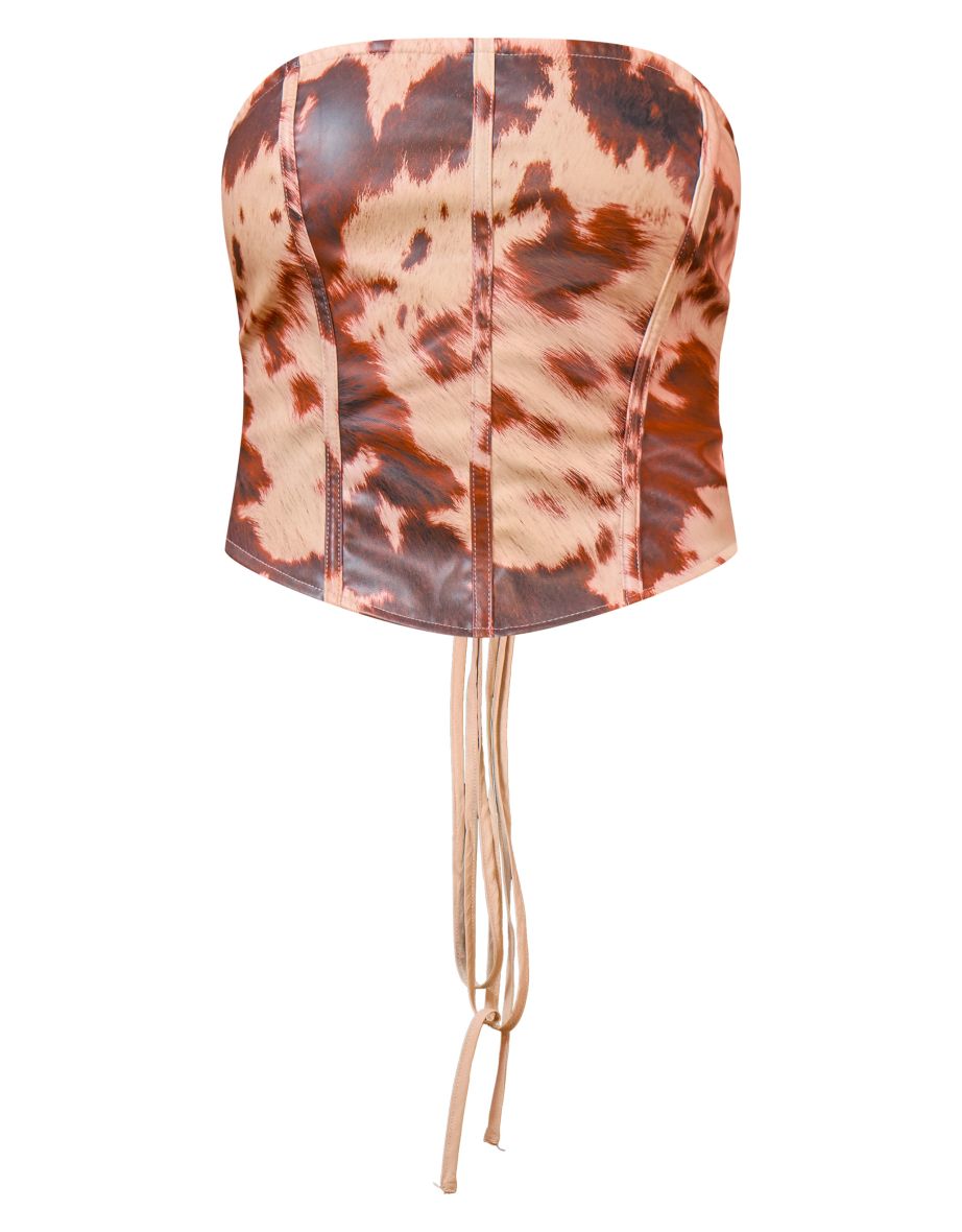 Brown Cow Print Faux Leather Corset - 4