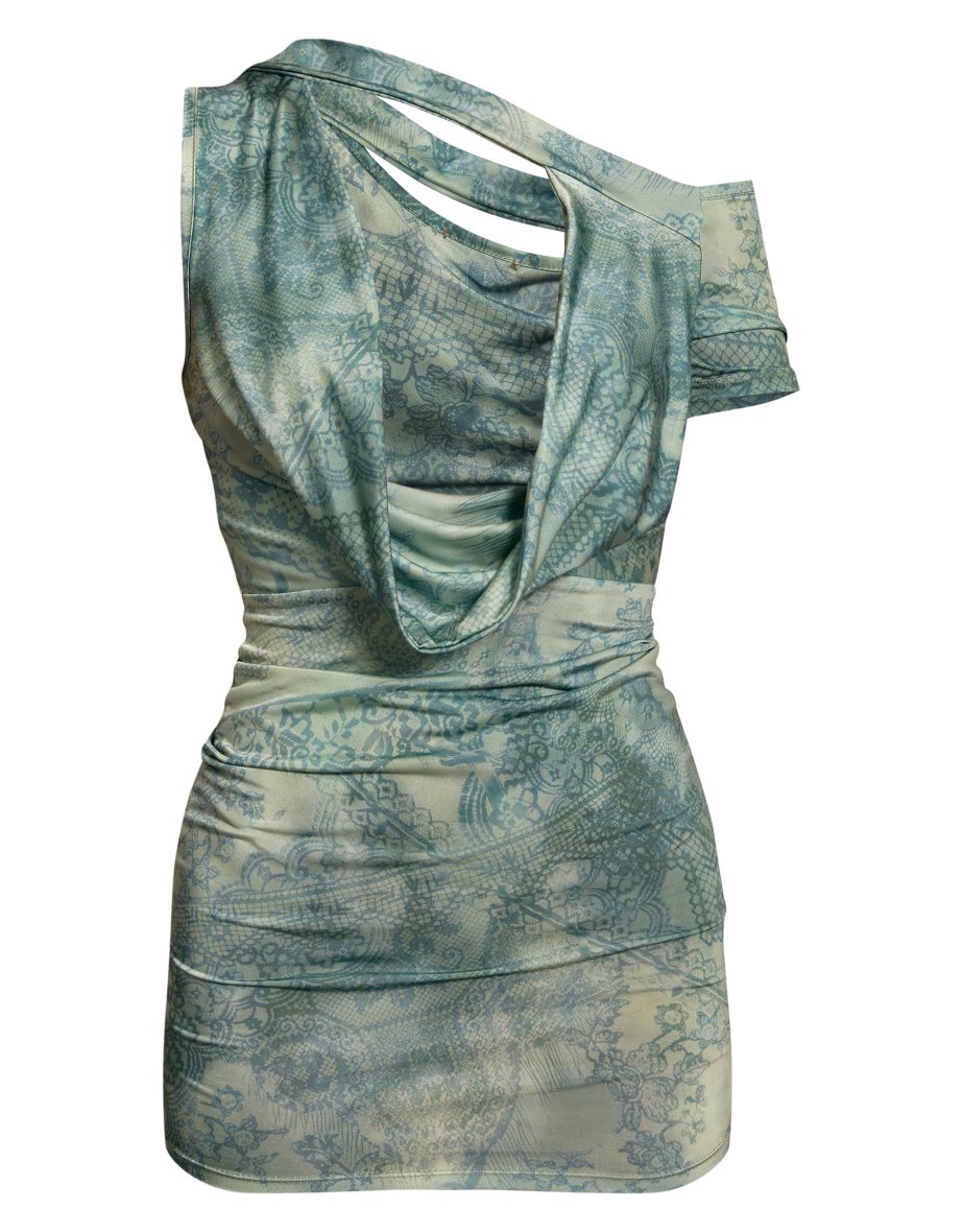 Green Lace Print Slinky Asymmetric Cowl Detail Bodycon Dress - 4