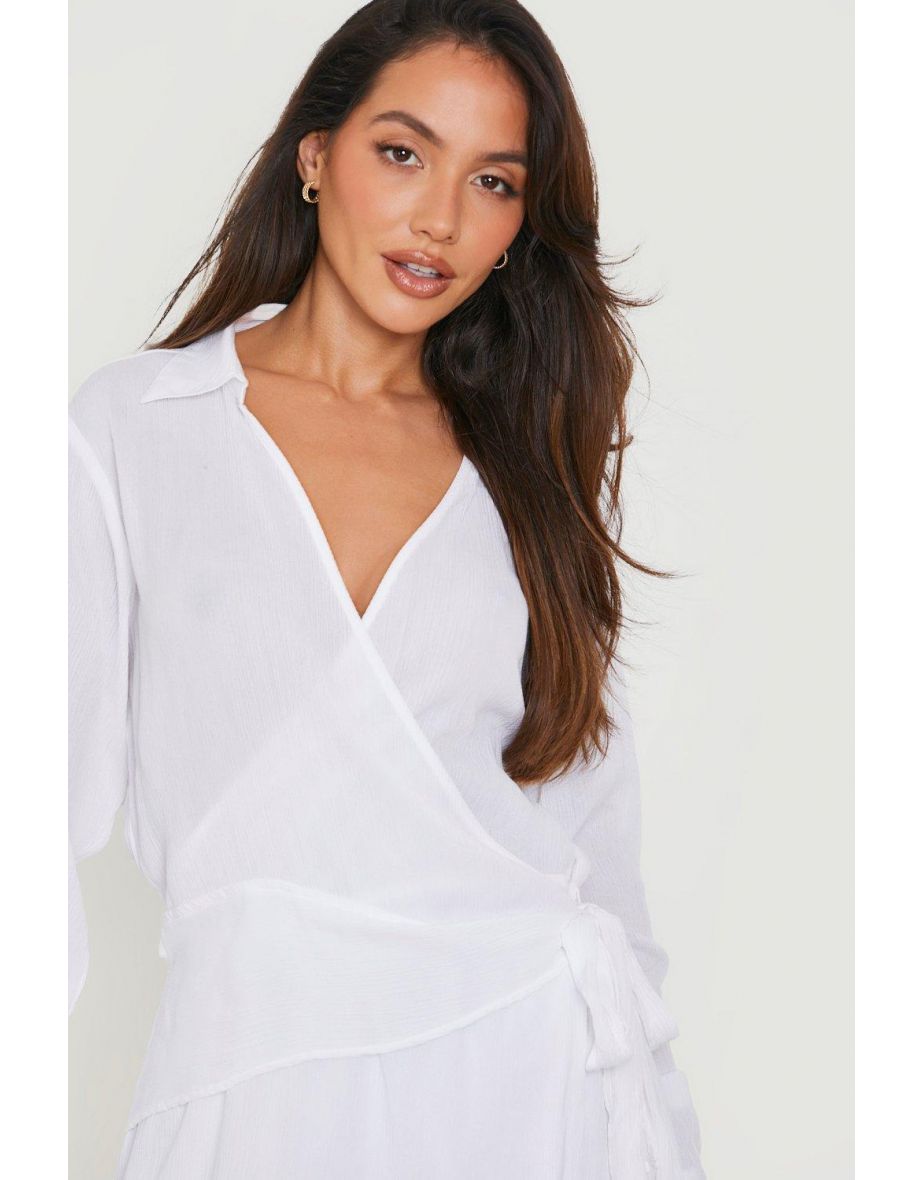 Sustainable Crinkle Tie Knot Wrap Beach Dress - white - 3