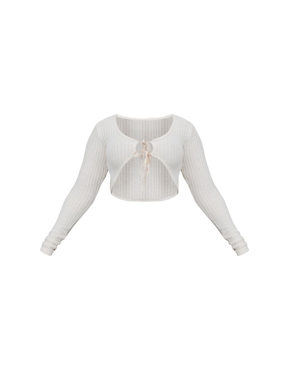 Cream Textured Laddered Tie Front Crop Shirt - 4
