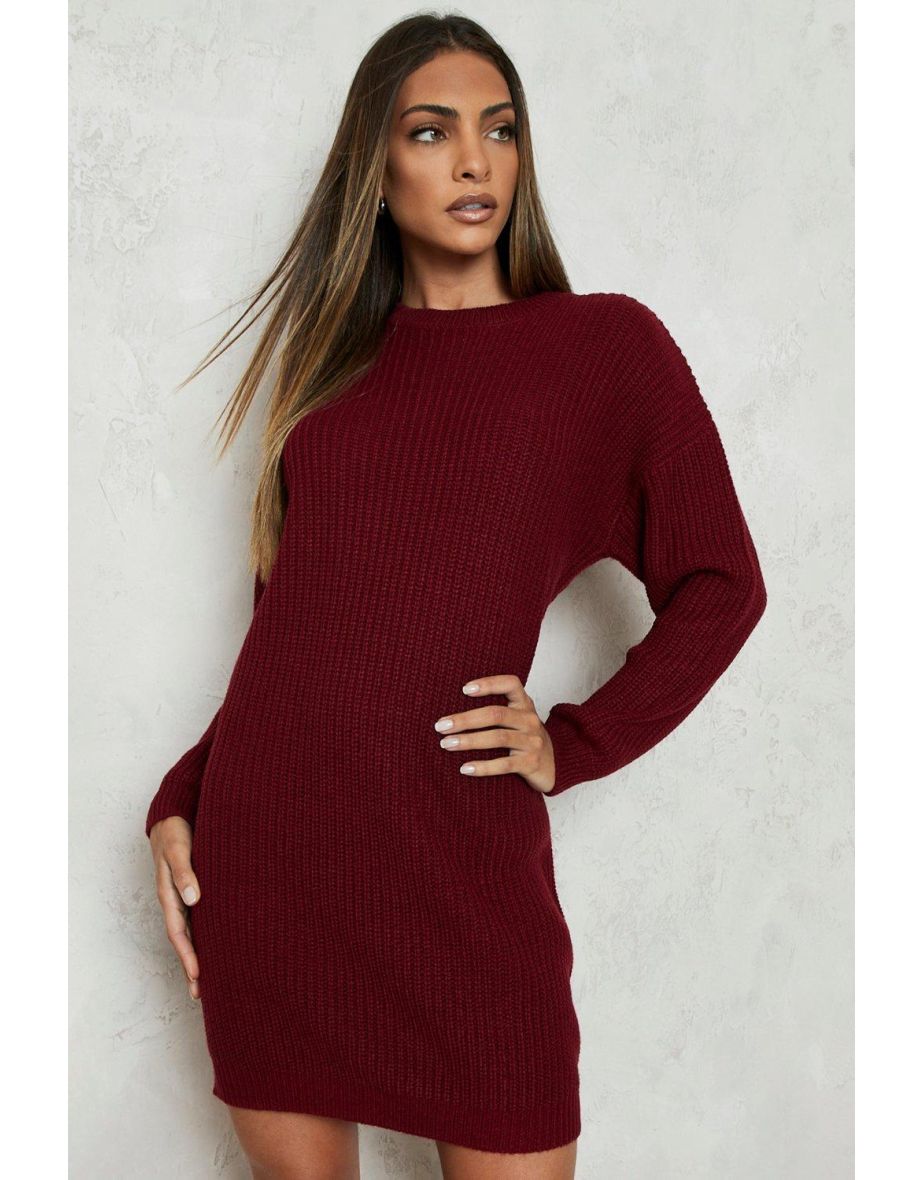 Crew Neck Mini Jumper Dress - wine - 3