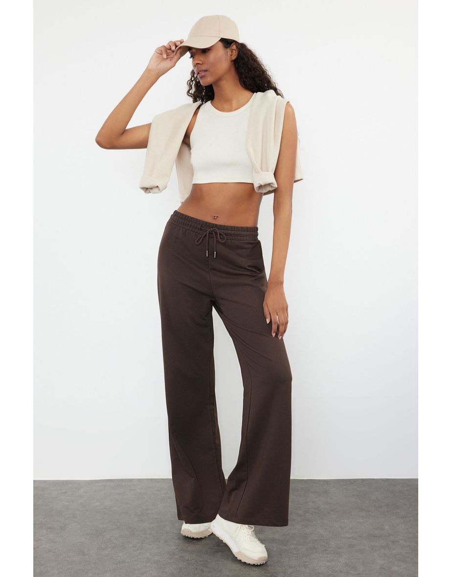Bitter Brown Wide Leg Thin Knitted Sports Sweatpants