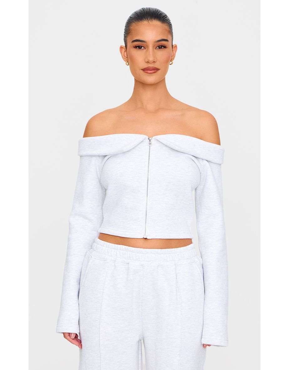 Ash Grey Off The Shoulder Zip Front Sweat Top