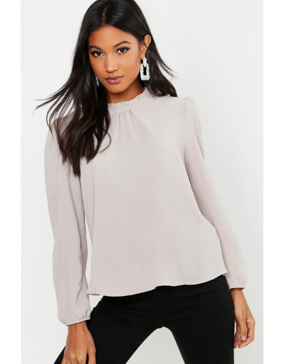 Frill Neck Long Sleeve Woven Blouse - stone - 3