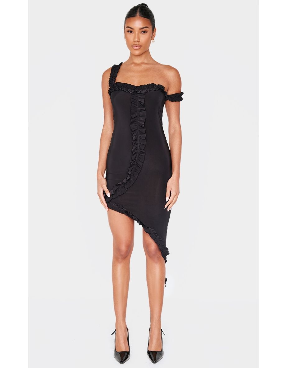 Black Double Layer Slinky Frill Hem Asymmetric Midi Dress