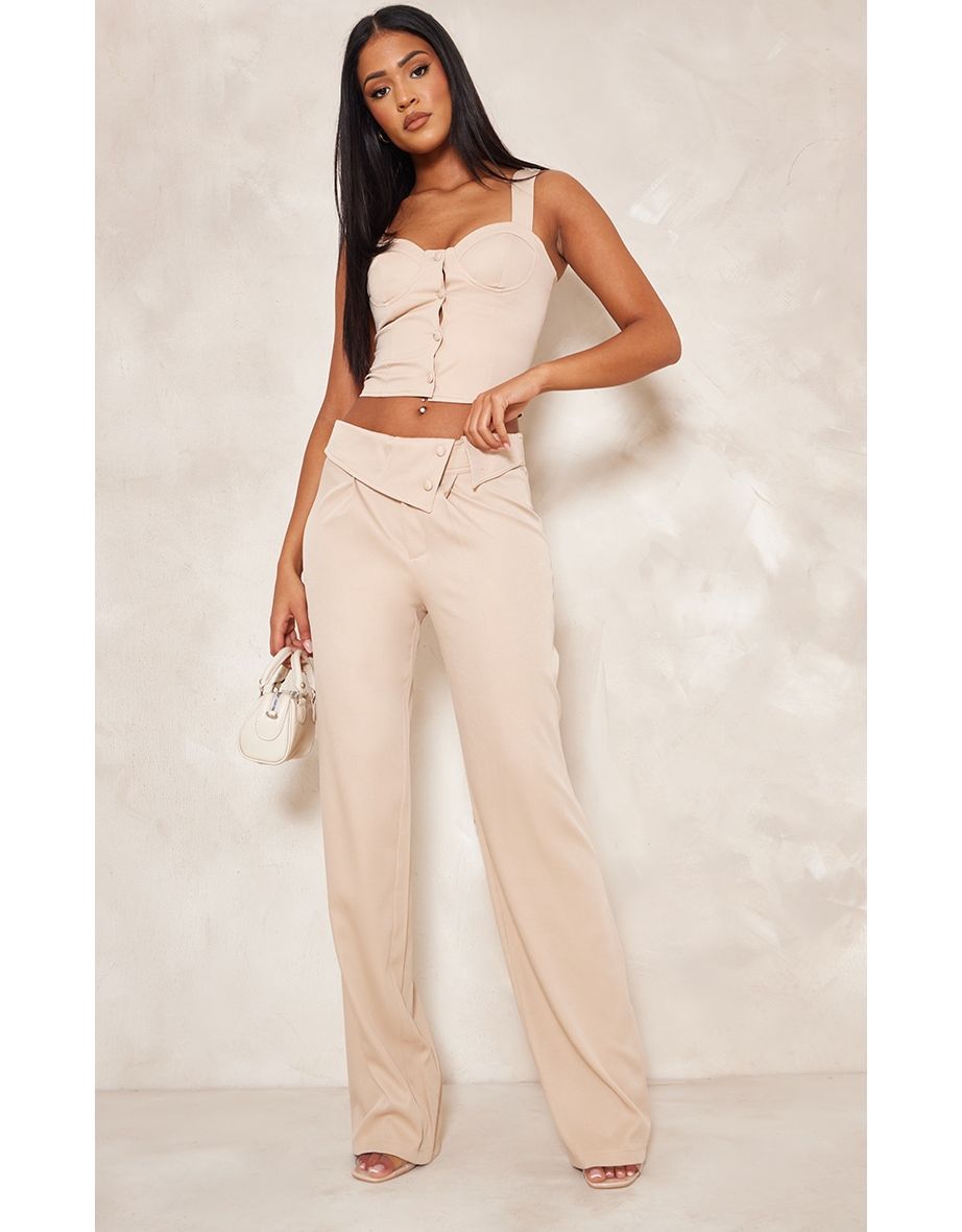 Tall New Nude Fold Over Front Wide Leg Trousers