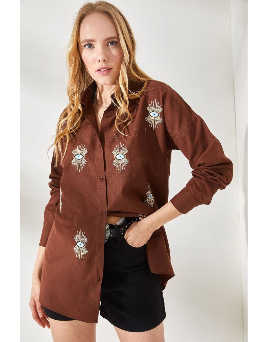 Women's Bitter Brown Sequin Detailed Woven Boyfriend Shirt - 5
