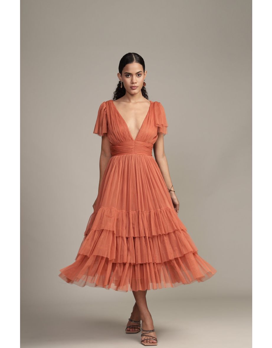 Madison Terracotta Tulle Bridesmaid Midi Dress