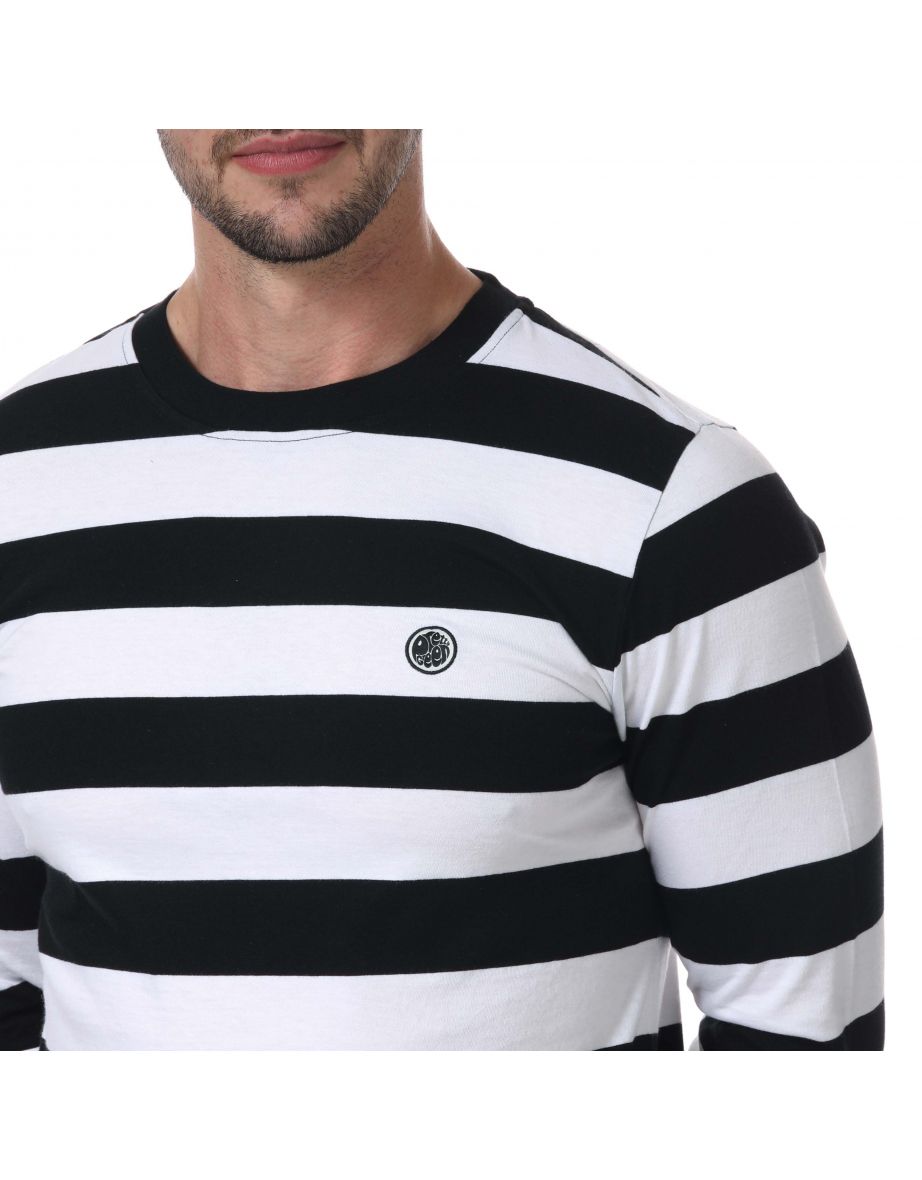 Men's Pretty Green Sirius Wide Stripe Long Sleeve T-Shirt in Black - 5