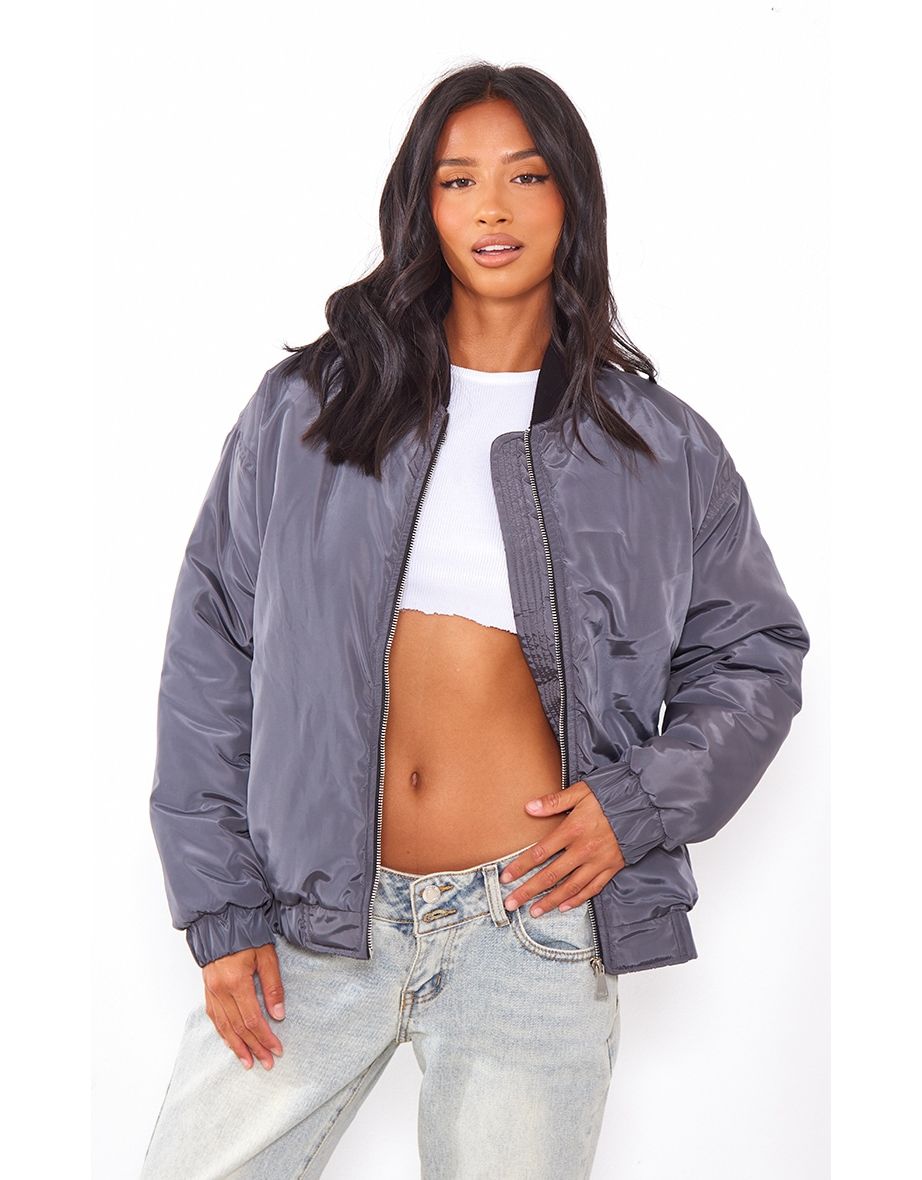 Shop Petite Charcoal Ribbed Neck Bomber Jacket Online in Oman VogaCloset