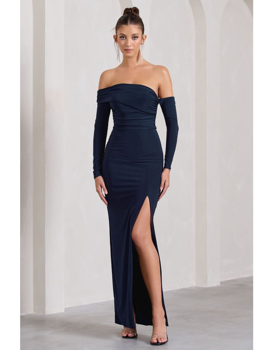 Quiz navy bardot hot sale split maxi dress