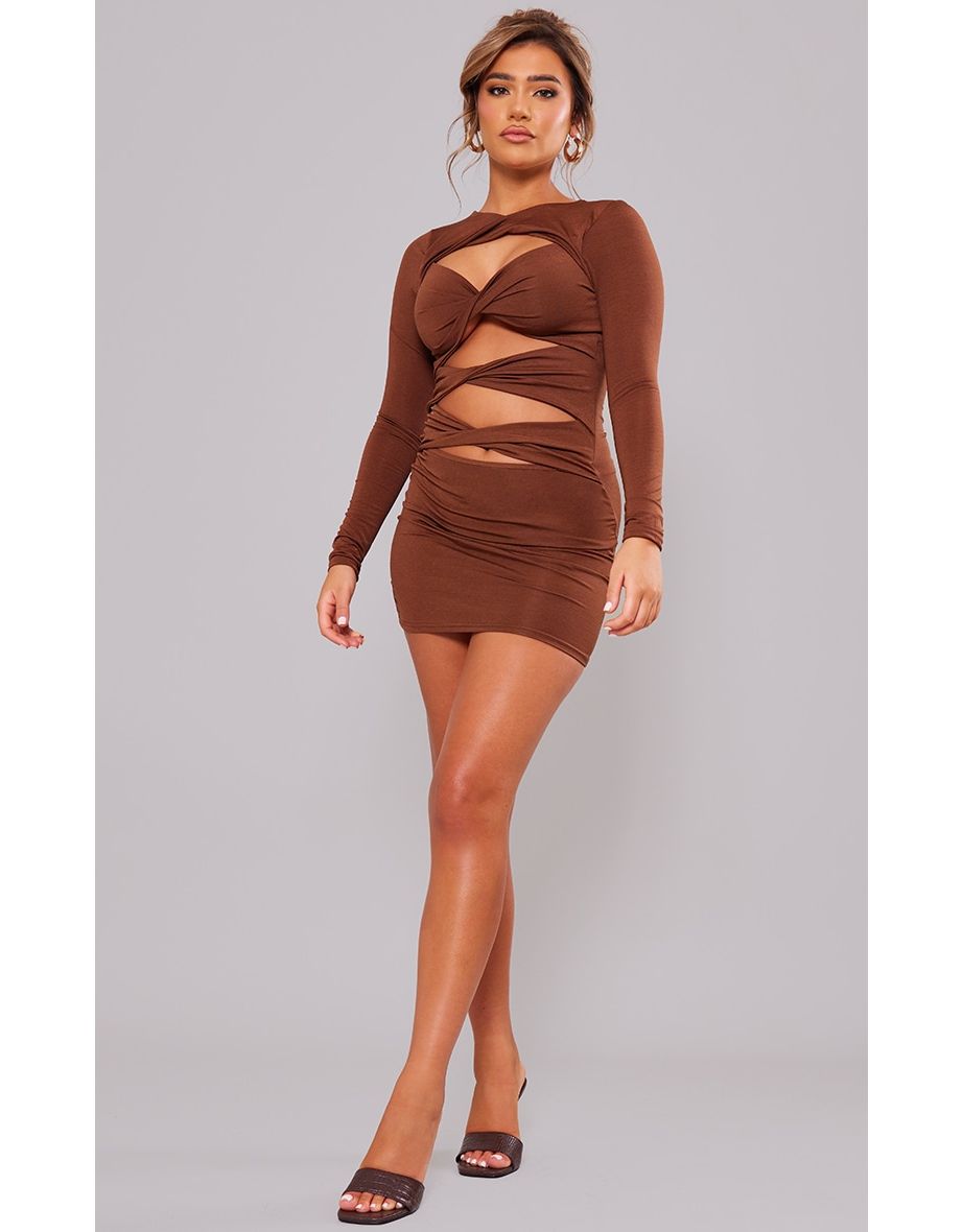 Chocolate Slinky Twist Cut Out Long Sleeve Bodycon Dress