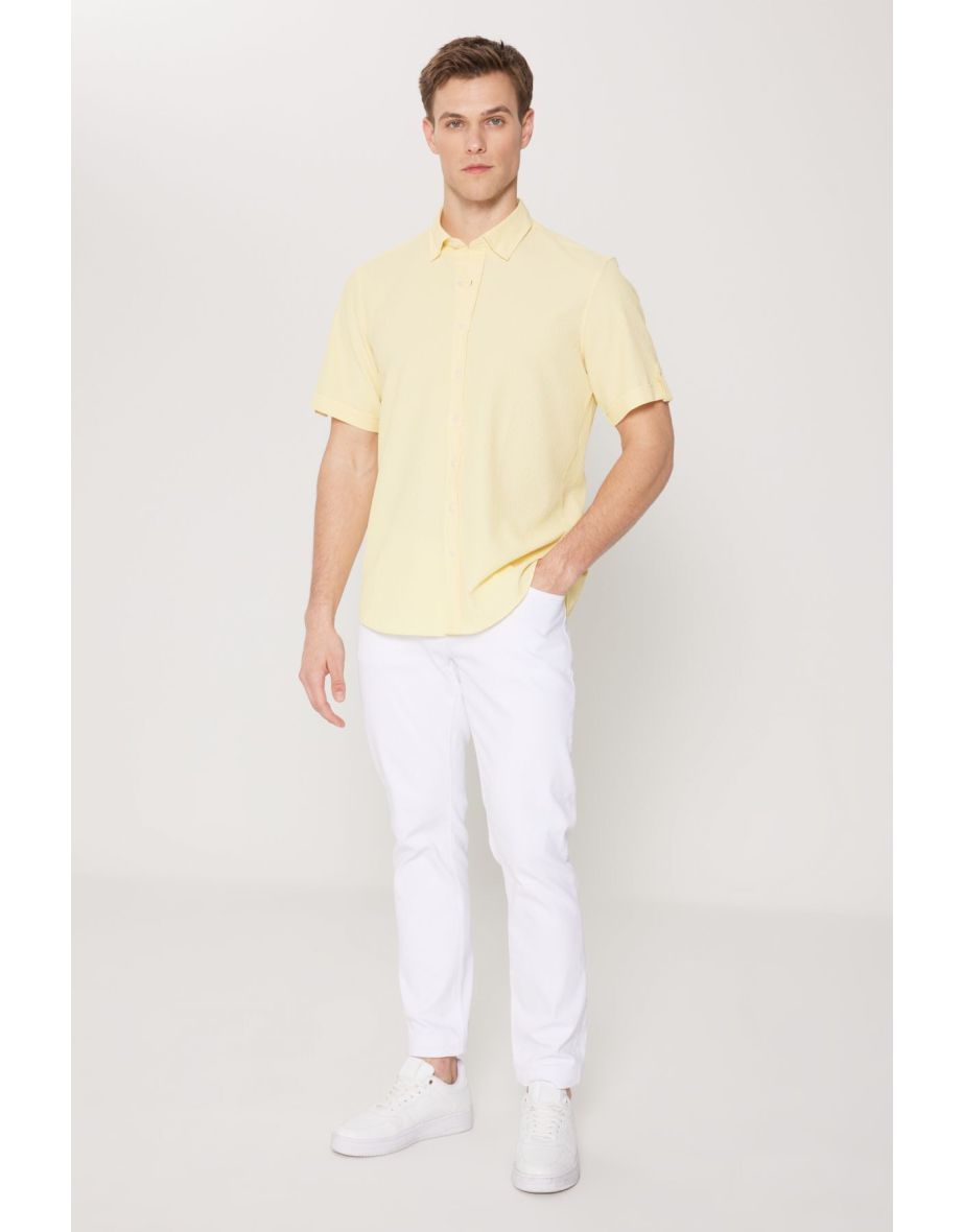 Men's Yellow Slim Fit Narrow Cut Hidden Button Collar Short Sleeve Shirt