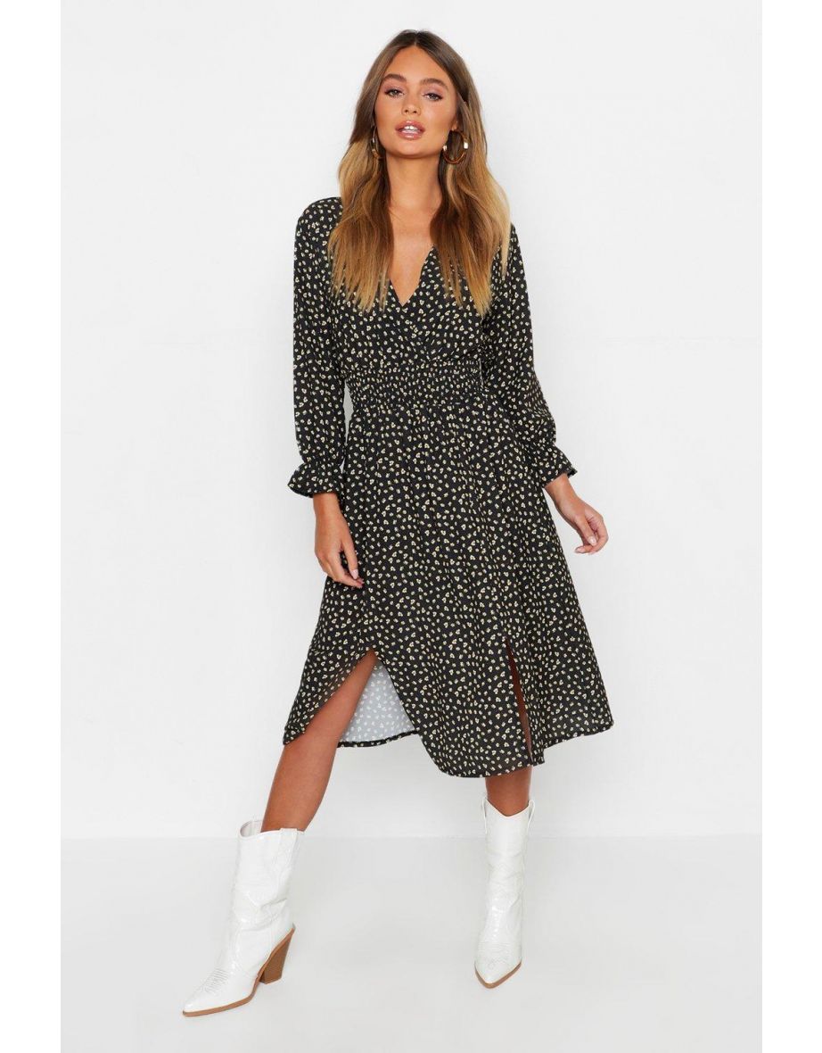 Boho Ditsy Floral Split Front Midi Dress - black