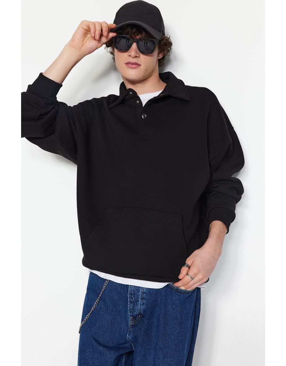 Basic Black Men's Oversize/Wide Cut Shirt with Collar Pocket and Fleece Inside Thick Sweatshirt