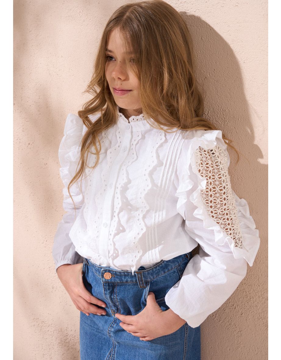 Lacey White Embroidered Frill shirt