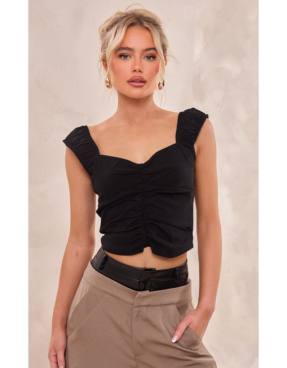 Black Stretch Woven Ruched Chiffon Trim Crop Top