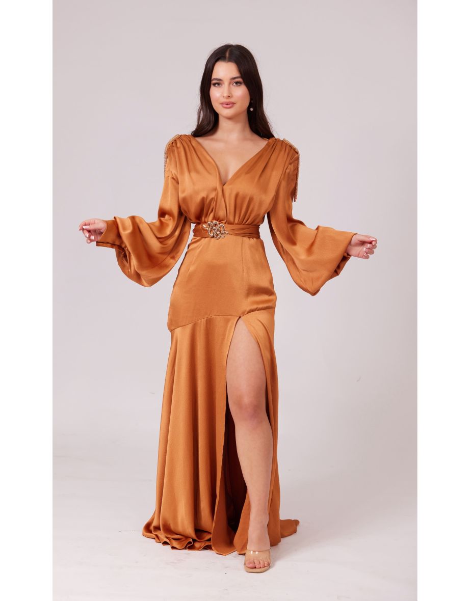 SABRINA GOLDEN CARAMEL V-Neck Slit Maxi Dress - 11