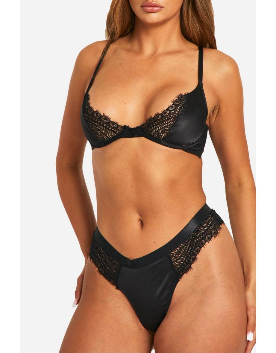 Satin And Lace Bra And Thong Set - black - 3