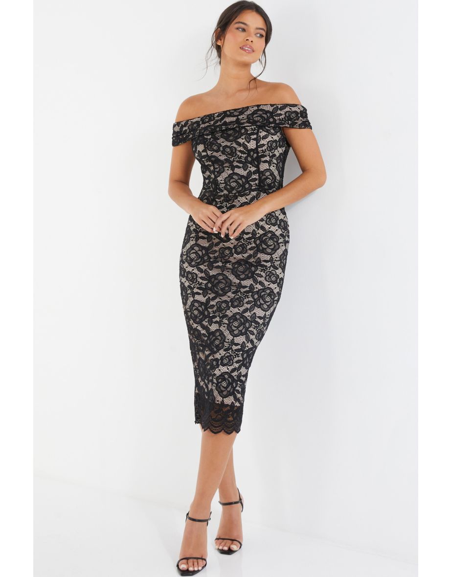 Black Contrast Lace Bardot Midi Dress