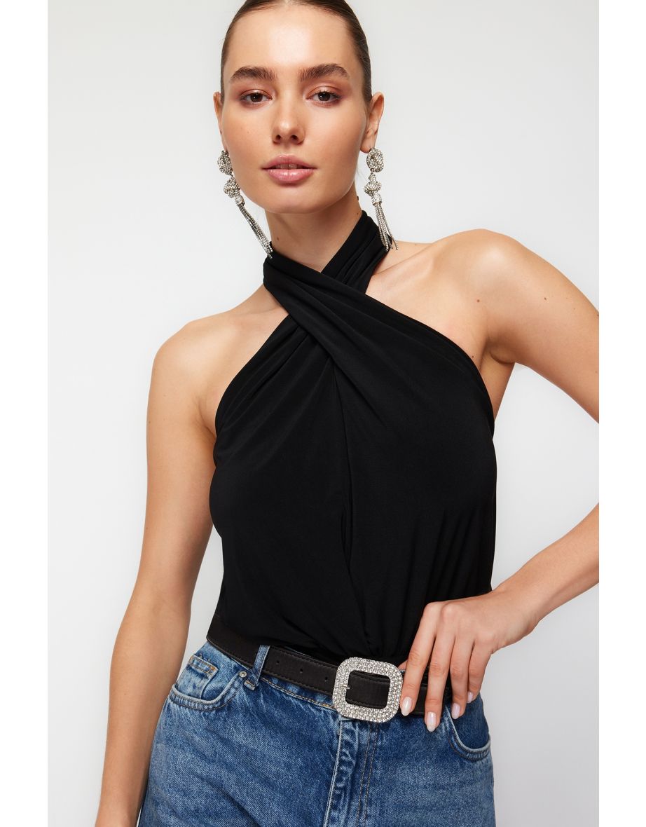 Black Halter Neck Knitted Bodysuit