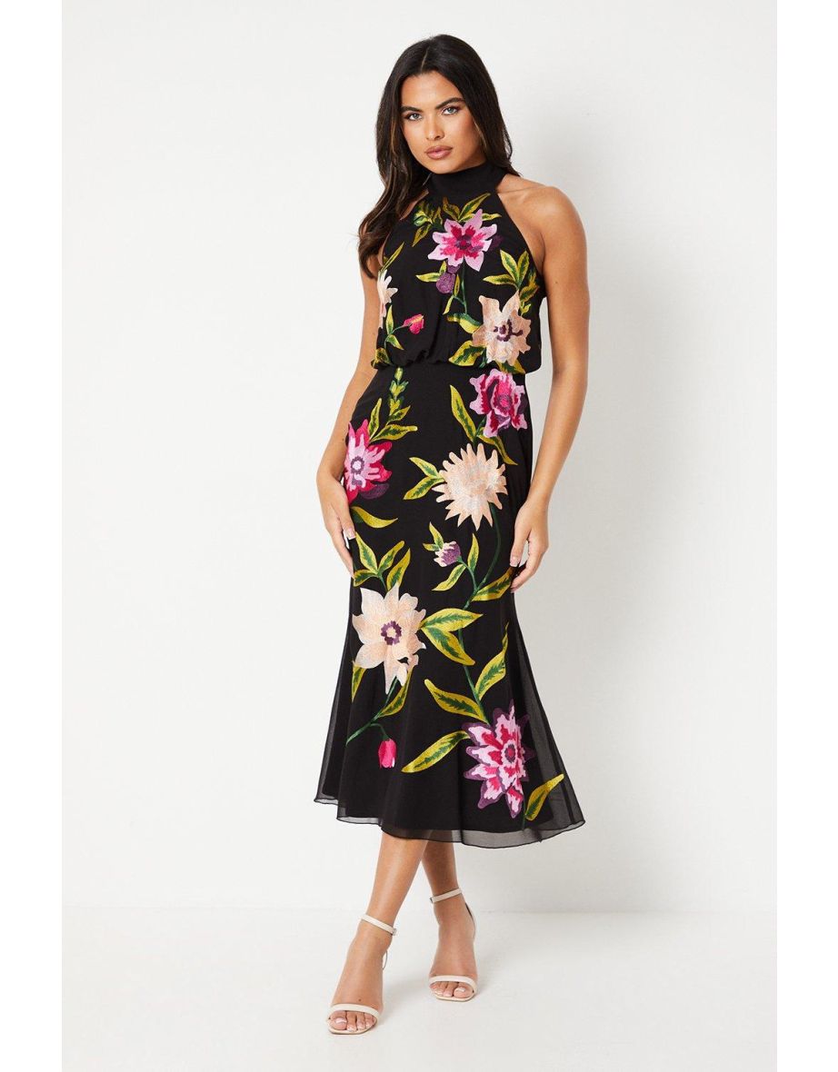 High Neck Midi Dress With Floral Embroidery