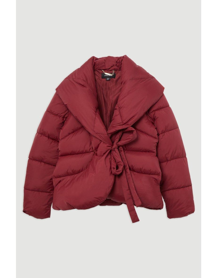Quilted Padded Wrap Tie Oversize Collar Coat - 3