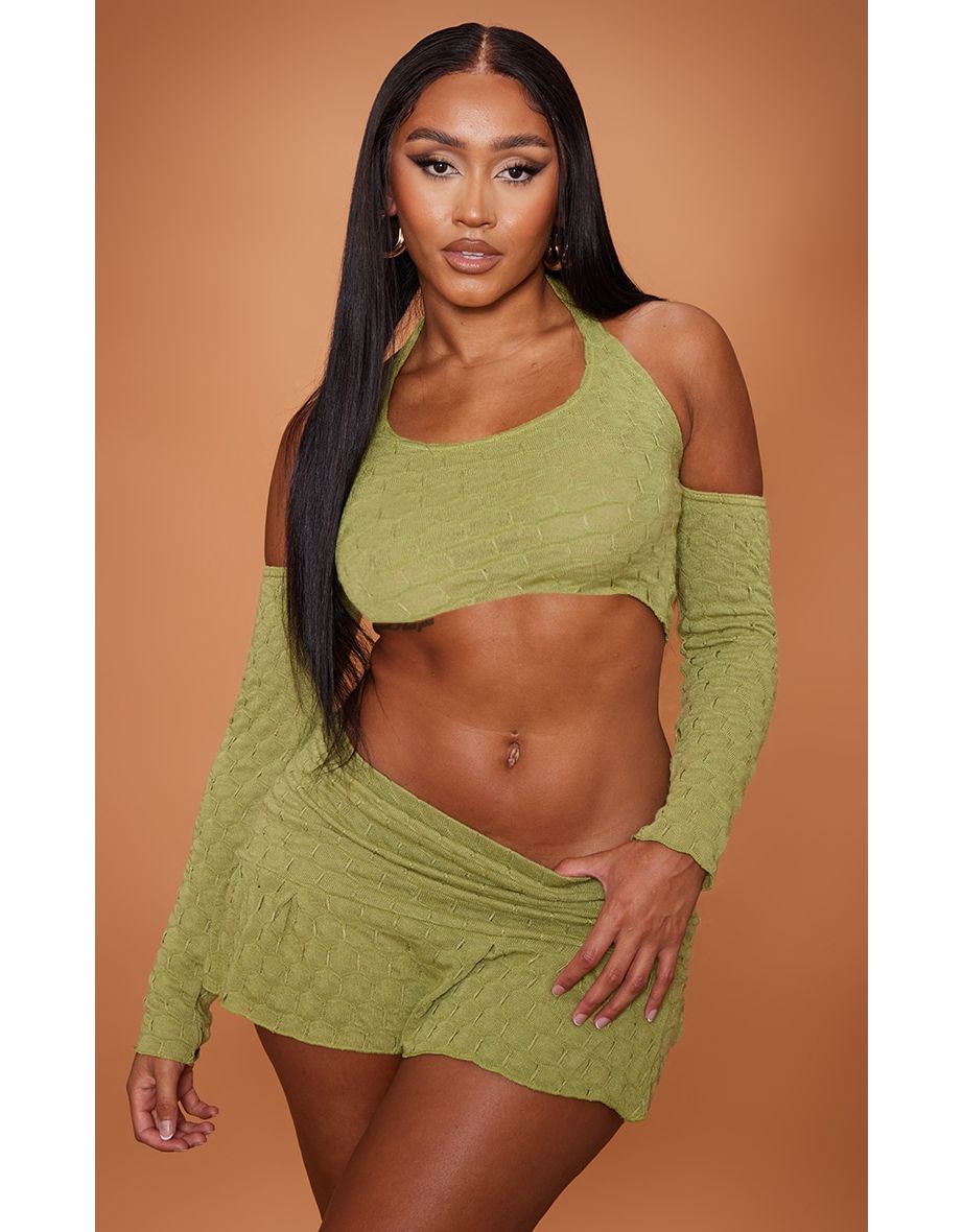 Shape Olive Textured Cut Out Bardot Crop Top