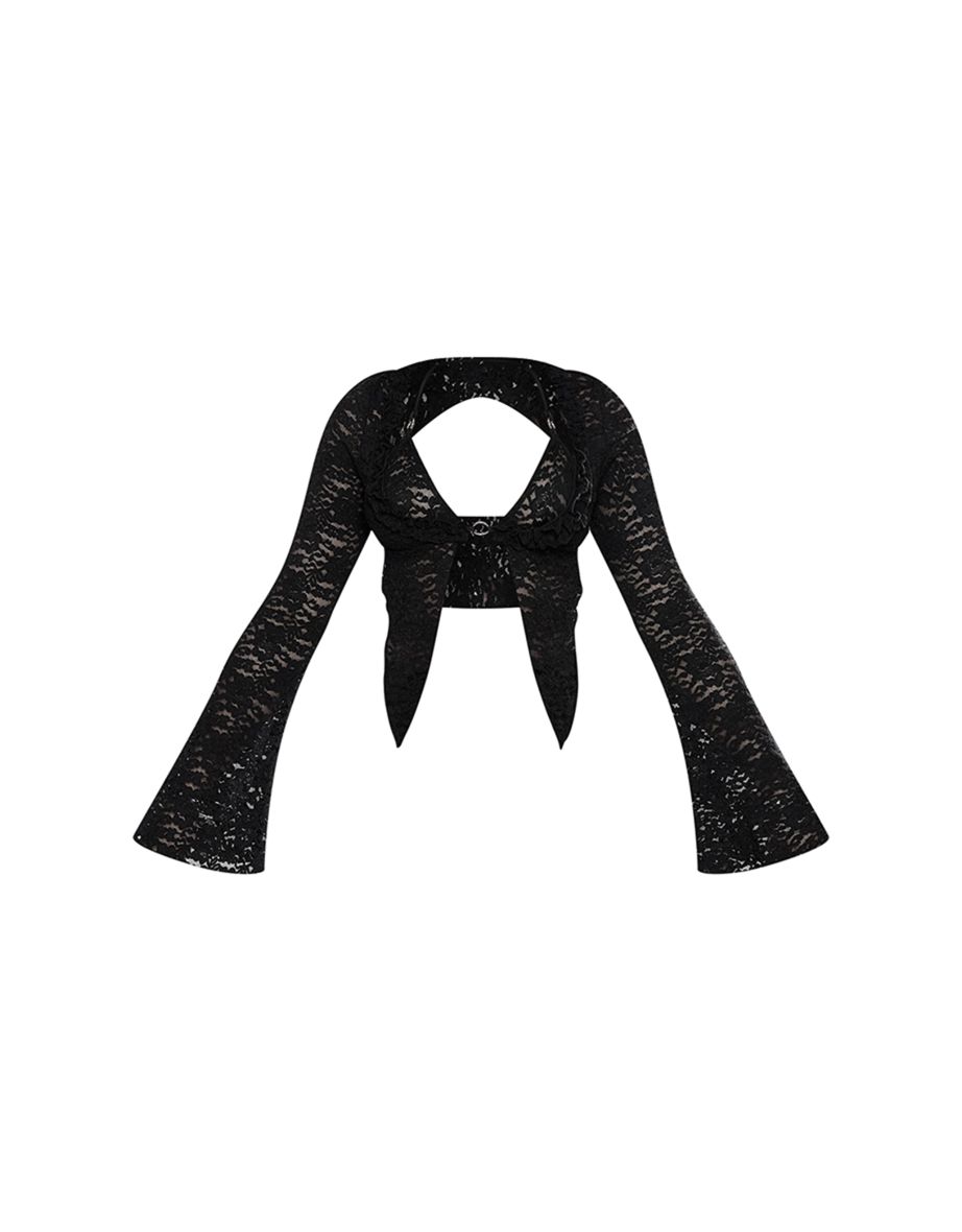 Black Sheer Broderie Lace Halterneck Crop Top - 4