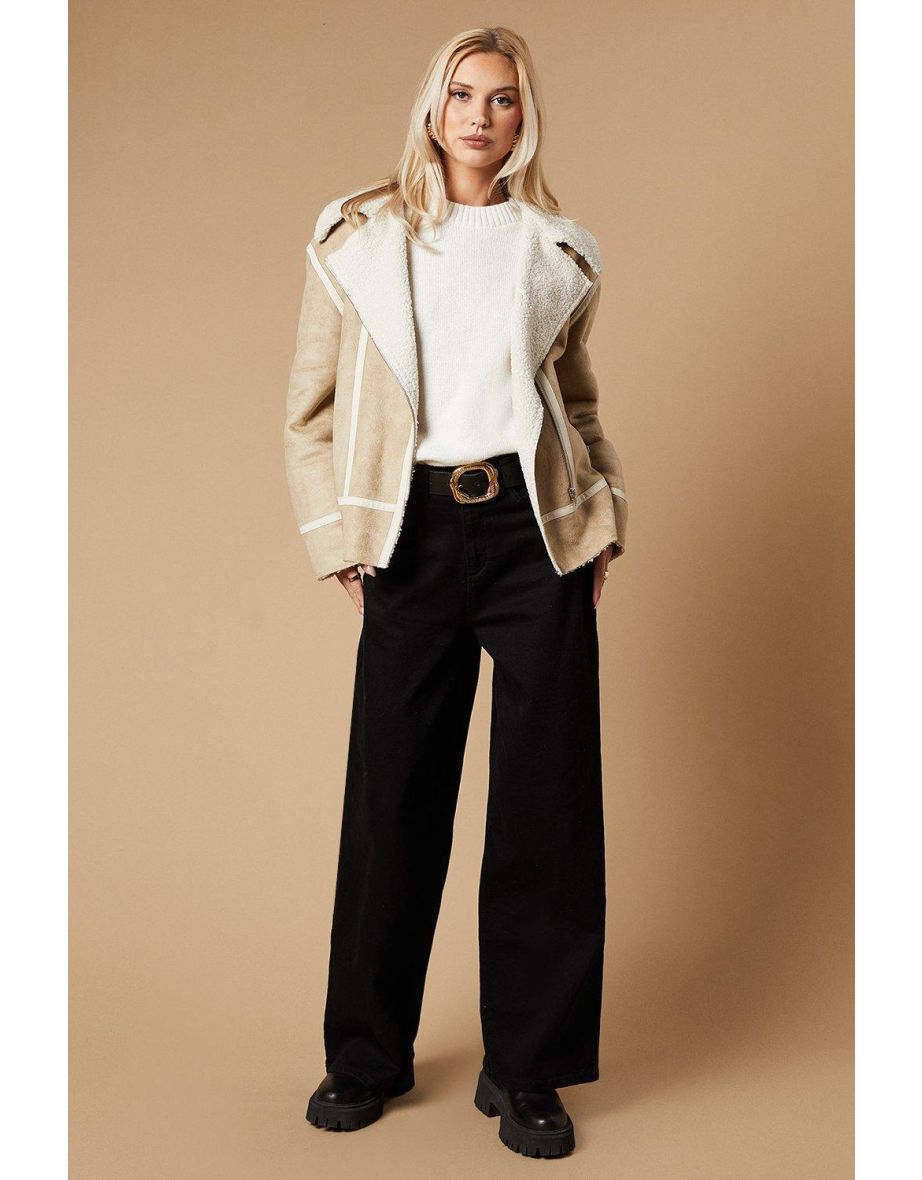 Zip Detail Suedette Aviator Jacket