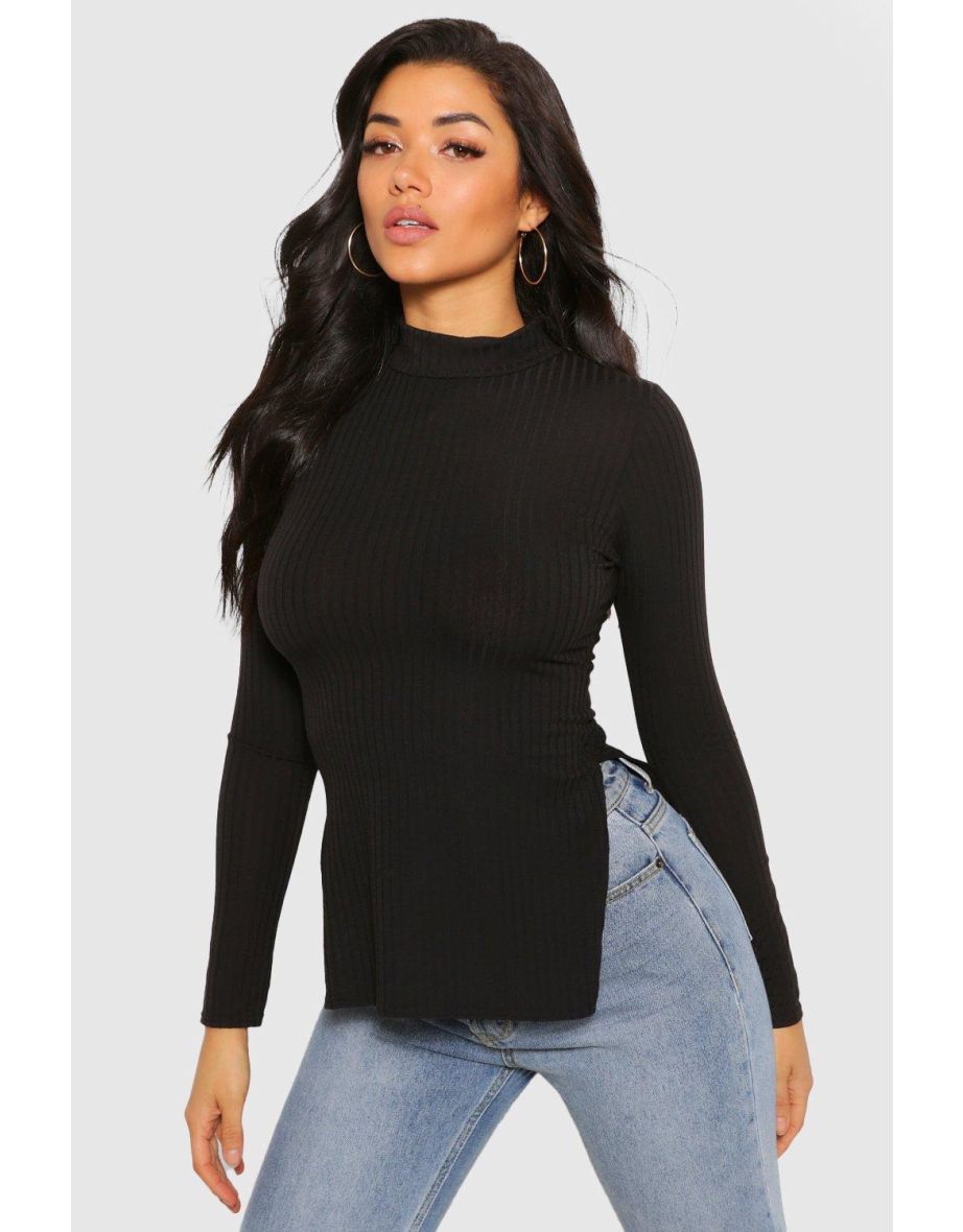 Side Split Turtle Neck Knitted Ribbed Top - black