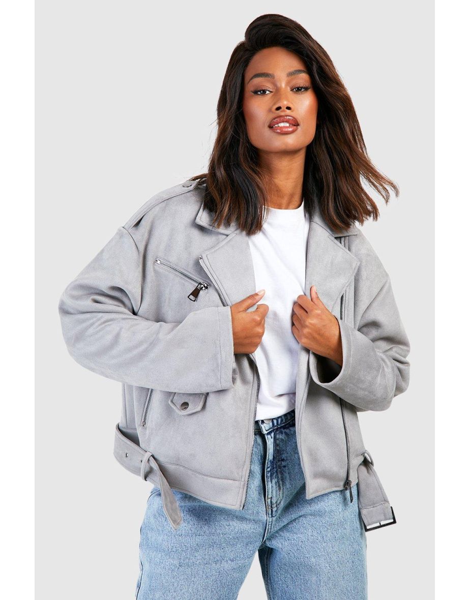 Oversized Faux Suede Biker Jacket - grey