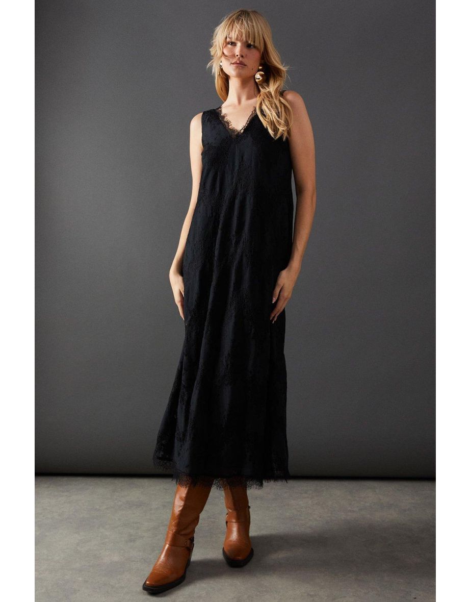 Lace Burnout V Neck Trapeze Midi Dress