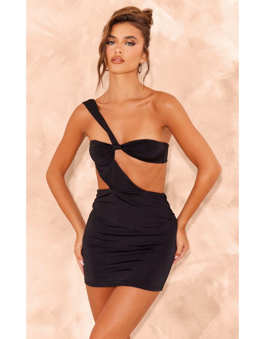 Black Slinky One Shoulder Twist Front Bodycon Dress