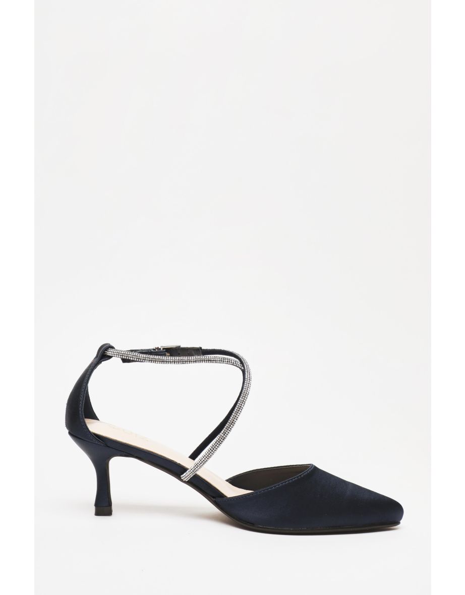 Navy Satin Cross Strap Court Heels - 4